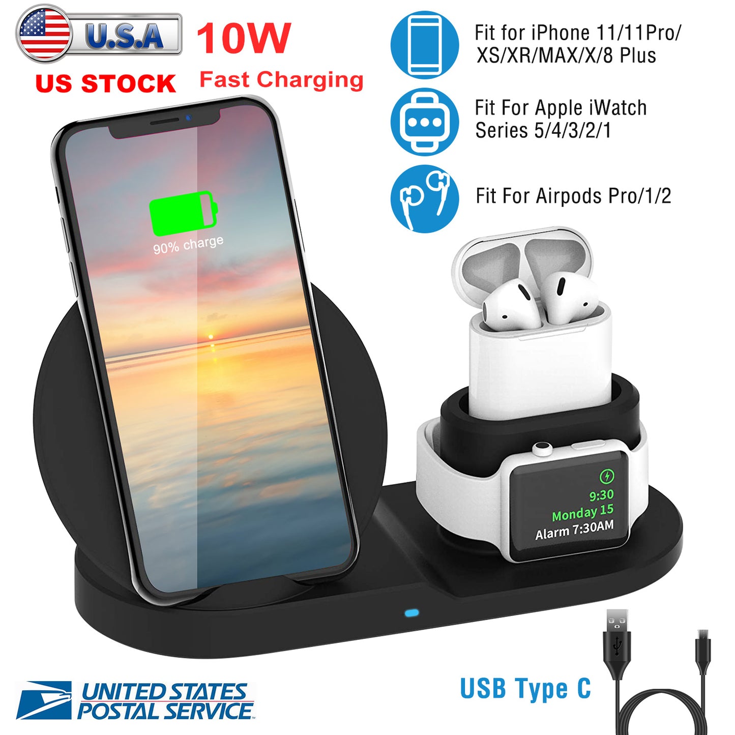 Wireless Charger 10W Fast Charging Station For iPhone Apple iWatch Series 5/4/3/2/1 AirPods Fit For iPhone 11/11Pro/XS/XR/MAX/X/8 Plus/8 Samsung Galax