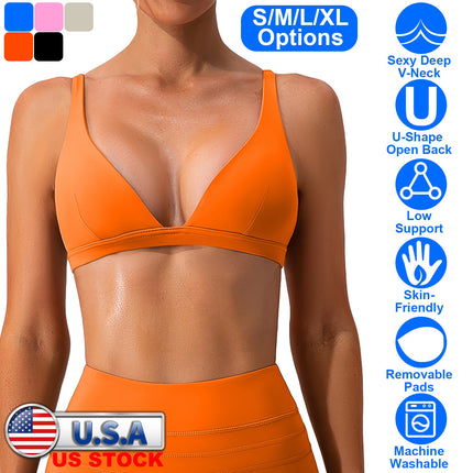 Women Deep V-Neck Sports Bras U-Shaped Back Sport Bras Padded Strappy Crop Open Back Low Impact Bras Sexy Fitness Tank Tops with Removable Pads for Gy