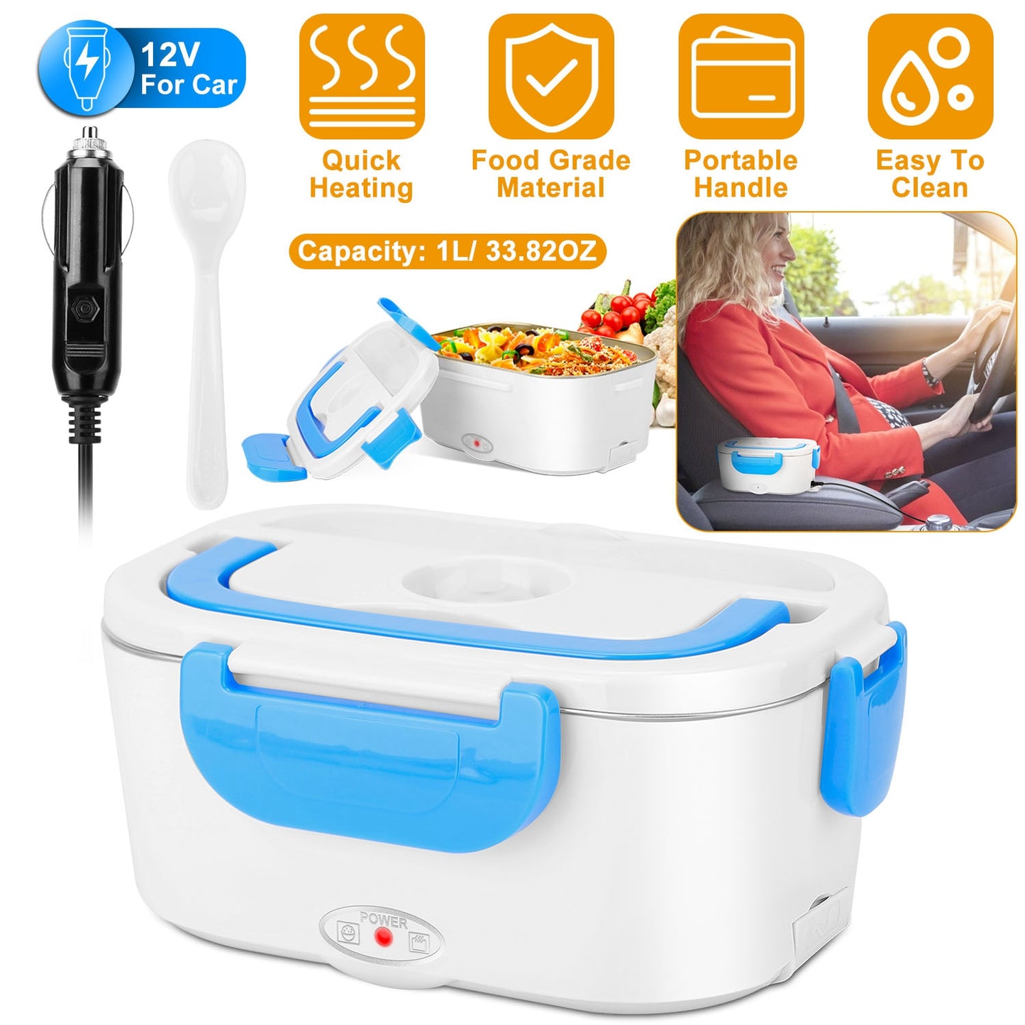 Electric Heating Lunch Box Food Heater Container Travel Thermal Bento Box Portable Food Warmer w/ 2 Removable Compartments 1 Free SpoonÊ1L