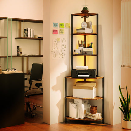65 Inch 6-Tier Corner Shelf with Charging Station and Ambience Light