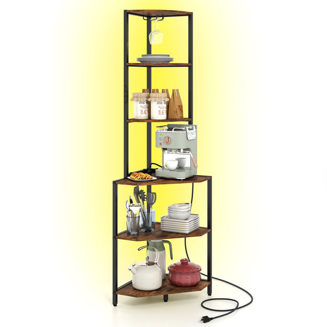 65 Inch 6-Tier Corner Shelf with Charging Station and Ambience Light