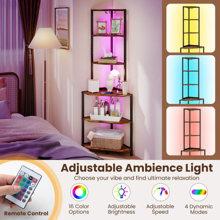 65 Inch 6-Tier Corner Shelf with Charging Station and Ambience Light