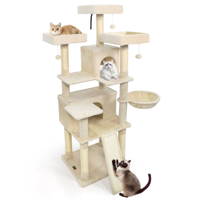 65 Inch Tall Multi-level Cat Tree with 3 Upholstered Perch and 2 Cat Condos