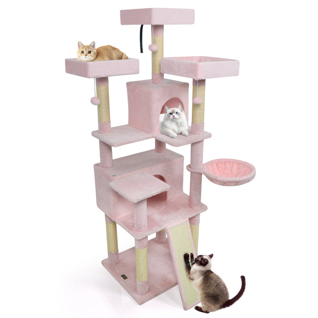 65 Inch Tall Multi-level Cat Tree with 3 Upholstered Perch and 2 Cat Condos