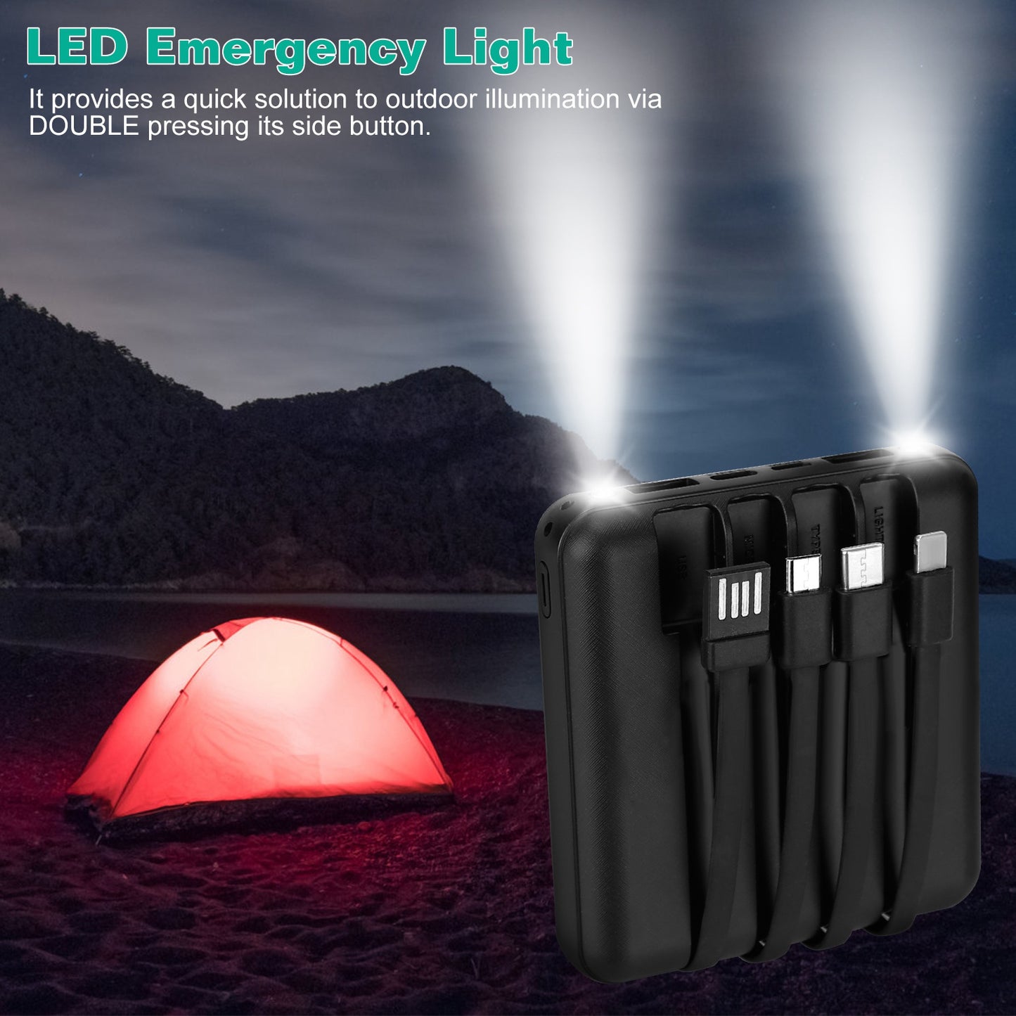 10000mAh Portable Charger Power Bank External Battery Pack w/ 4 Built-in Cables w/ LED Flashlight
