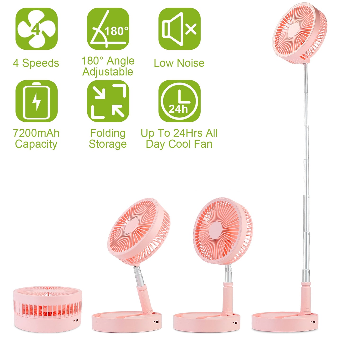 Portable Folding Desk Table Fan Quiet USB Rechargeable Telescopic Standing Floor Fan w/ 4 Speeds Adjustable Height 180¡ Tilting Angle For Office Home