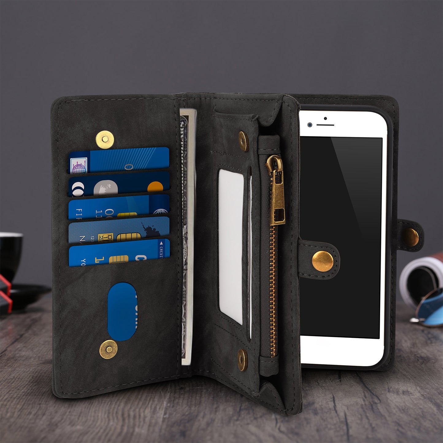 Phone Wallet Case For iPhone 8 Plus Portable Wallet Case 2 in 1 Leather Zipper Magnetic Detachable 15 Card Slots Money Pocket Clutch Cover W/ID Widows