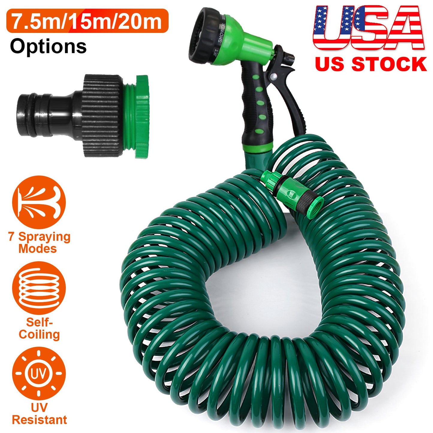 EVA Recoil Garden Hose Flexible Self-coiling Water Hose with 3/4Ó and 1/2Ó Adapter with 7 Spraying Modes for Boat Greenhouse Yard Patio