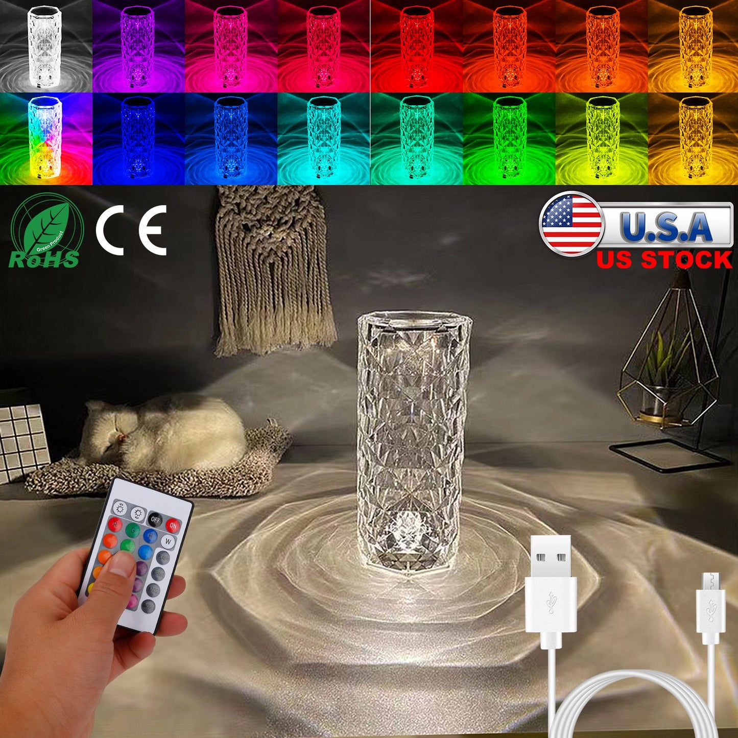 Crystal Diamond Rose Table Lamp Dimmable Remote Touch Control Beside LED Night Light Rechargeable 16 Color Change Atmosphere Bar Lamp