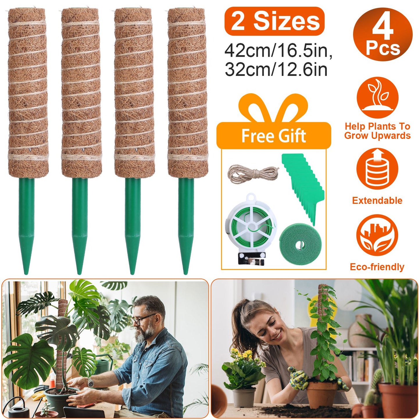 4Pcs Coco Coir Extendable Moss Pole for Climbing Plants Plant Support with 10 Labels 6.6Feet Jute Rope 6.6 Feet Fasten Strap 65.6 Feet Twist Tie Indoo