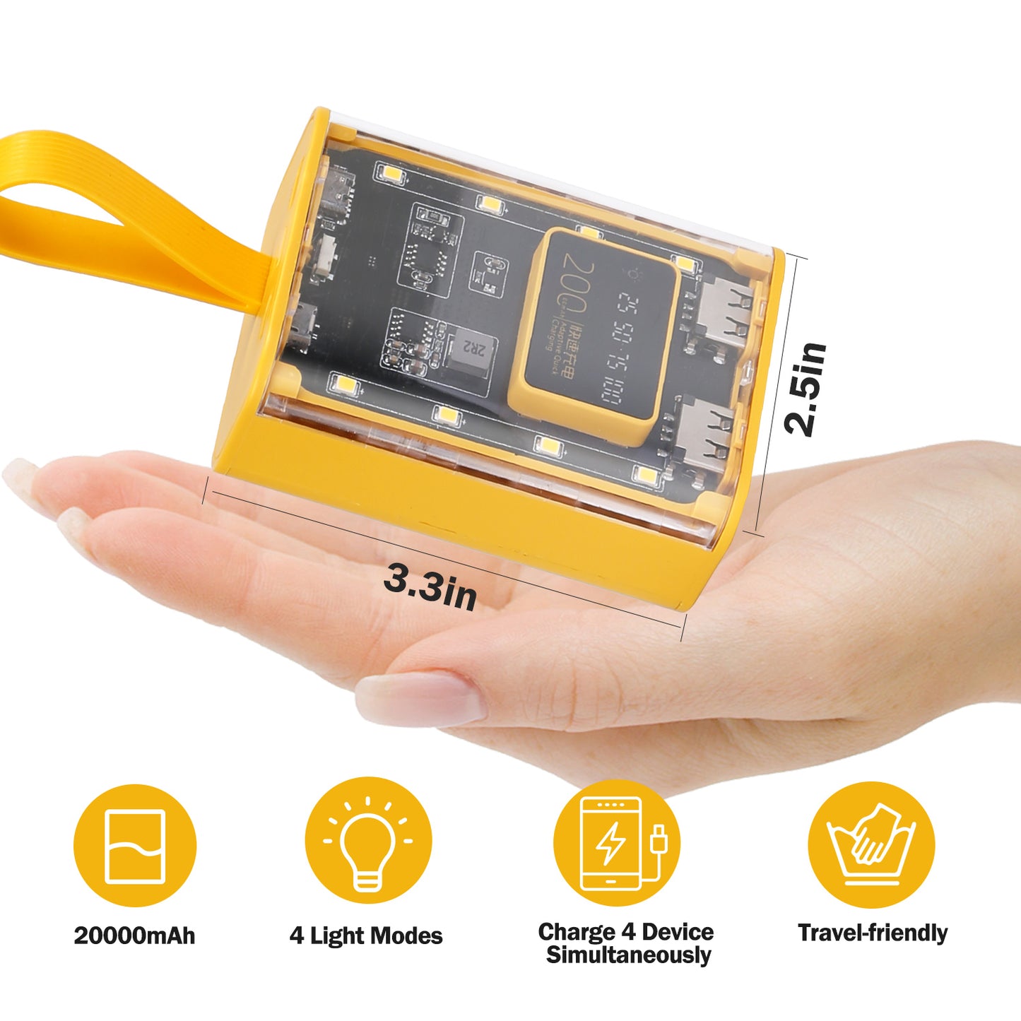 20000mAh Transparent Power Bank Portable Mini Phone Charger External Battery Pack with 3 Inbuilt Cables 4 Light Modes Digital Display Handle