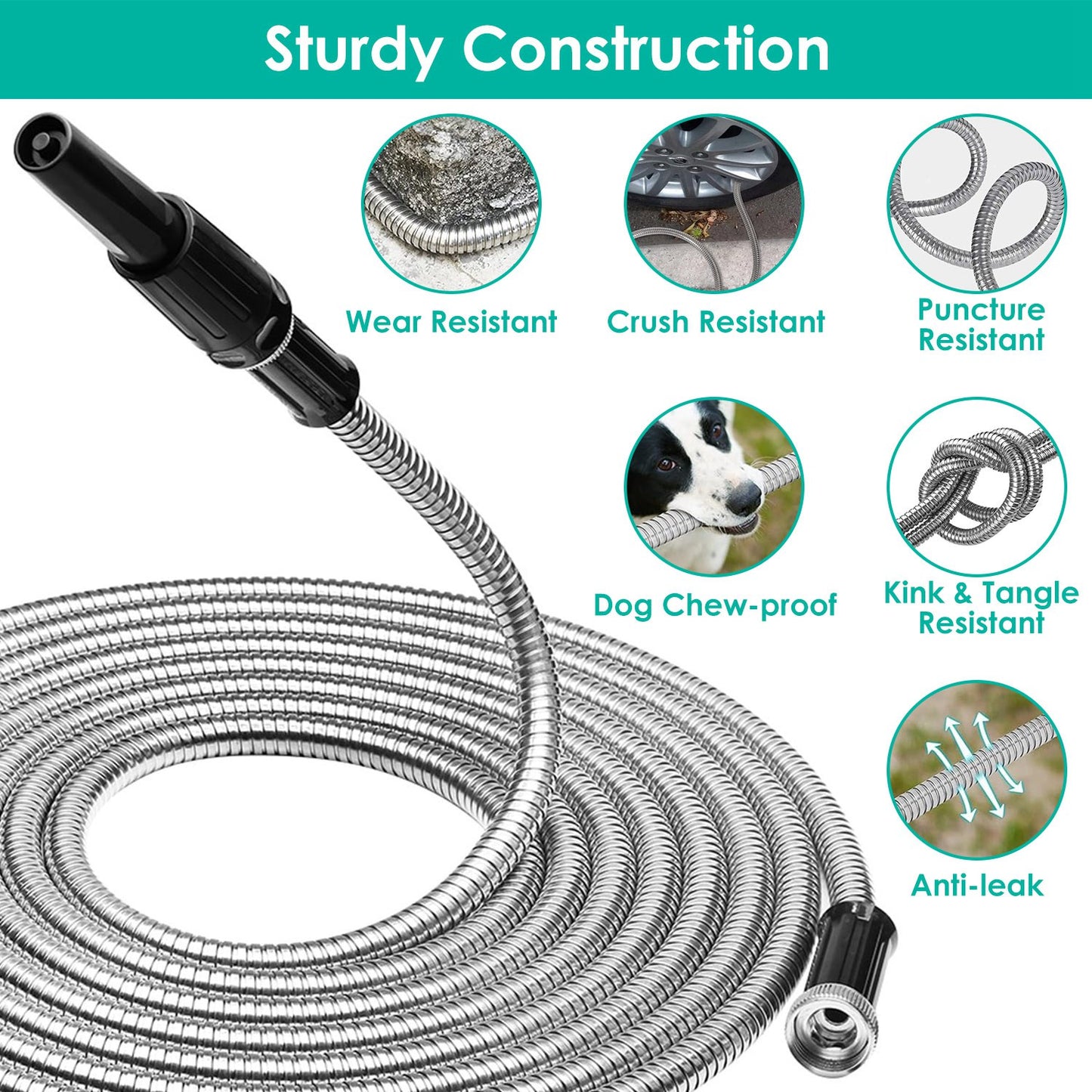 25FT/50FT/100FT Heavy Duty Stainless Steel Garden Hose Garden Watering Kit Metal Water Hose with 2 Nozzles 12 Patterns Flexible Extendable Kink Tangle