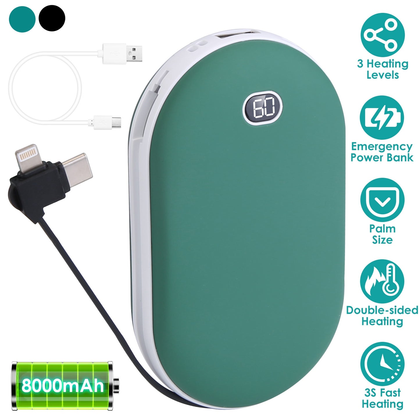 8000mAh 2 In 1 Electric Hand Warmer Rechargeable Hand Heater Portable Pocket Warmer with Power Bank 3 Heating Levels Digital Display Double-sided Heat