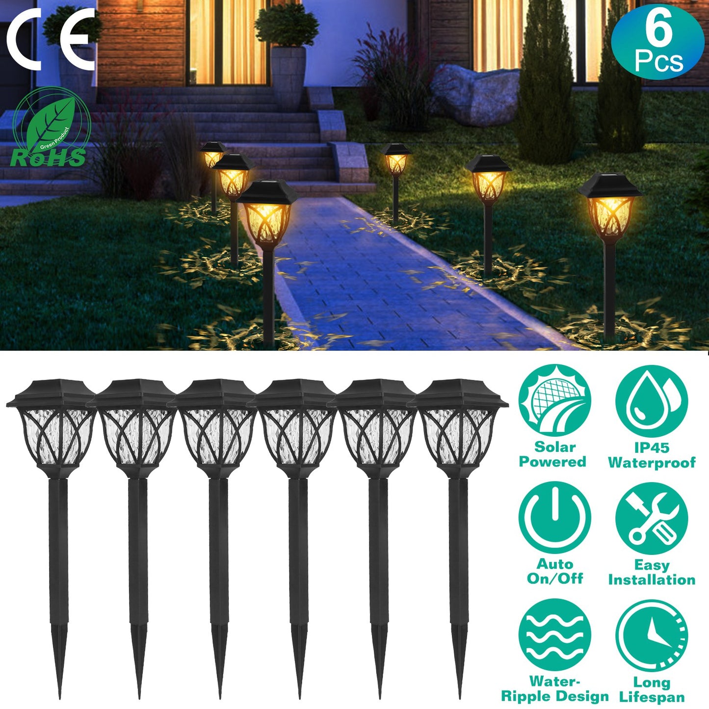 6Pack Solar Powered Stake Light Outdoor Decorative Landscape Lamp IP45 Waterproof Auto On Off Outdoor Light for Pathway Garden Yard Patio