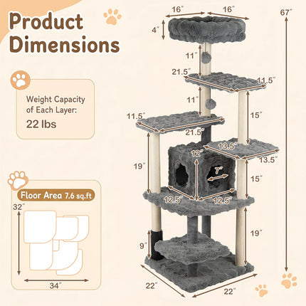 Multi-Level Cat Tree 67 Inch with Condo and Perch