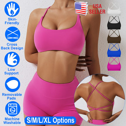Women Cross Back Sport Bras Padded Strappy Crop Open Back Low Impact Bras Sexy Fitness Tank Tops with Removable Pads Thin Straps for Gym Yoga Workout