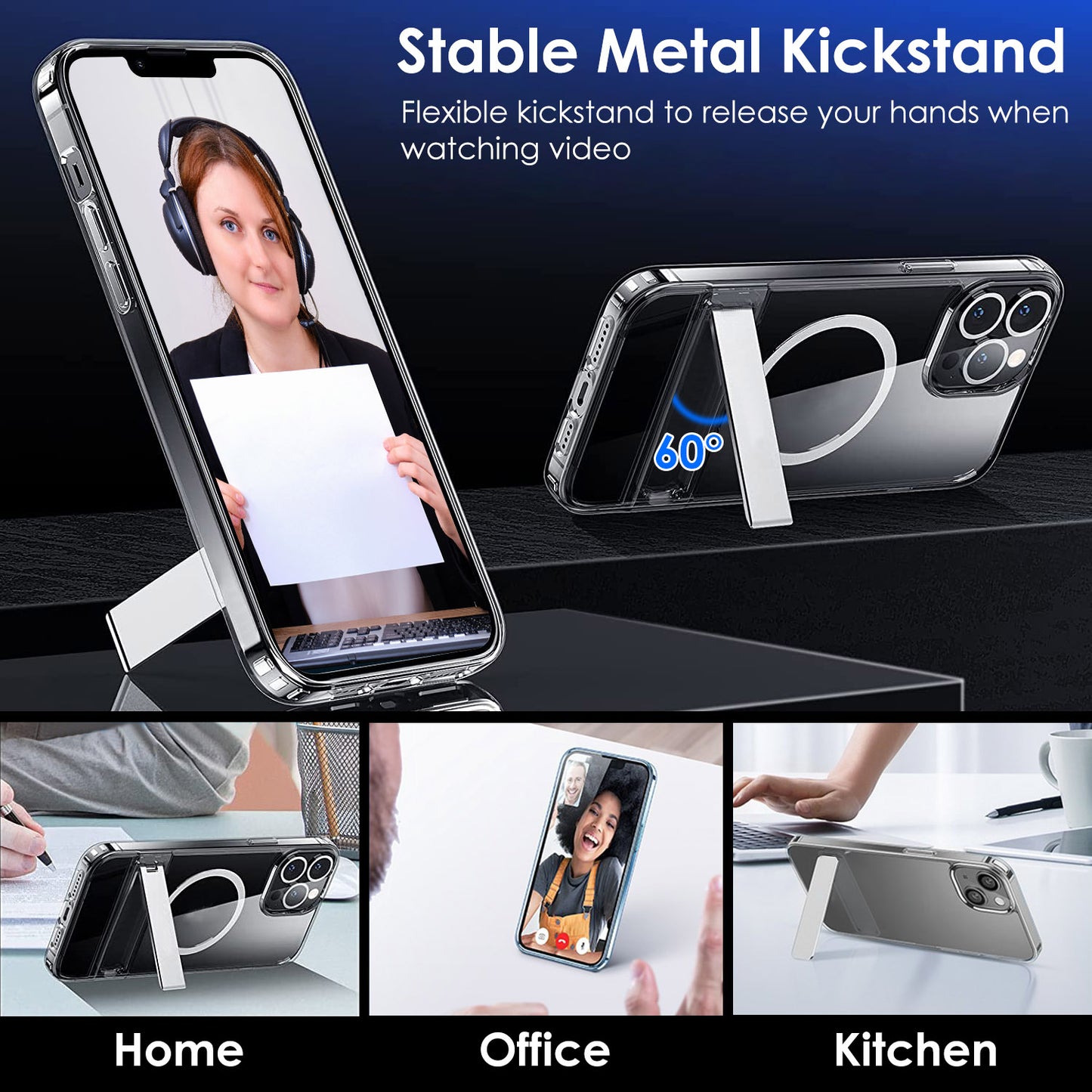 Magnetic Metal Kickstand Clear Case Shockproof Anti Yellowing Phone Cover Compatible with Magsafe Fit for IOS Phone 13 Pro