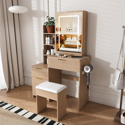 Vanity Desk Set with Lighted Mirror, 4 Drawers & Stool