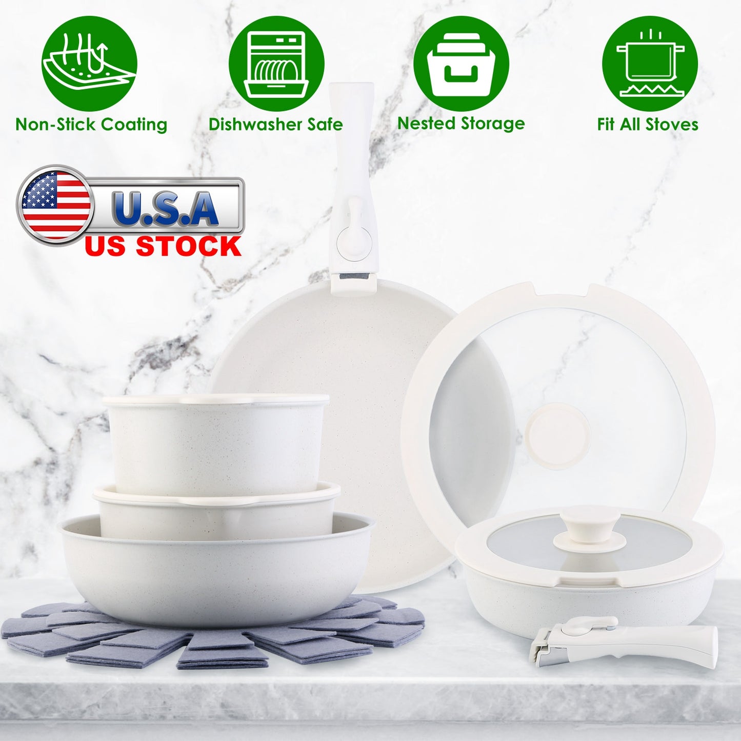 17Pcs Nonstick Cookware Set Induction Kitchen Pots And Pans Set With Detachable Handles Fast Even Heating Frying Pan Sauce Pan Oven Dishwasher Safe Fo