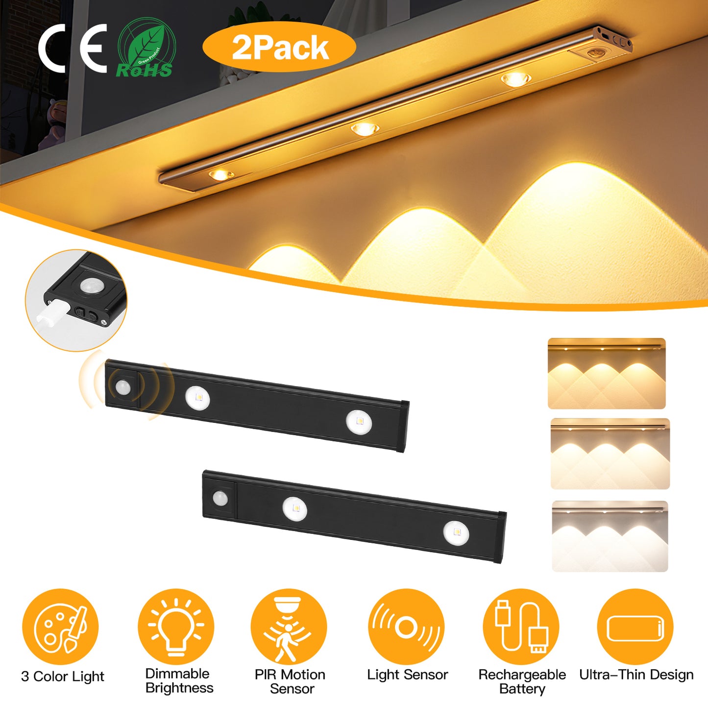 2Pack Rechargeable Cabinet Light Motion Sensor Light Cordless LED Closet Lamp 3 Colors Dimmable Light for Kitchen Cabinet
