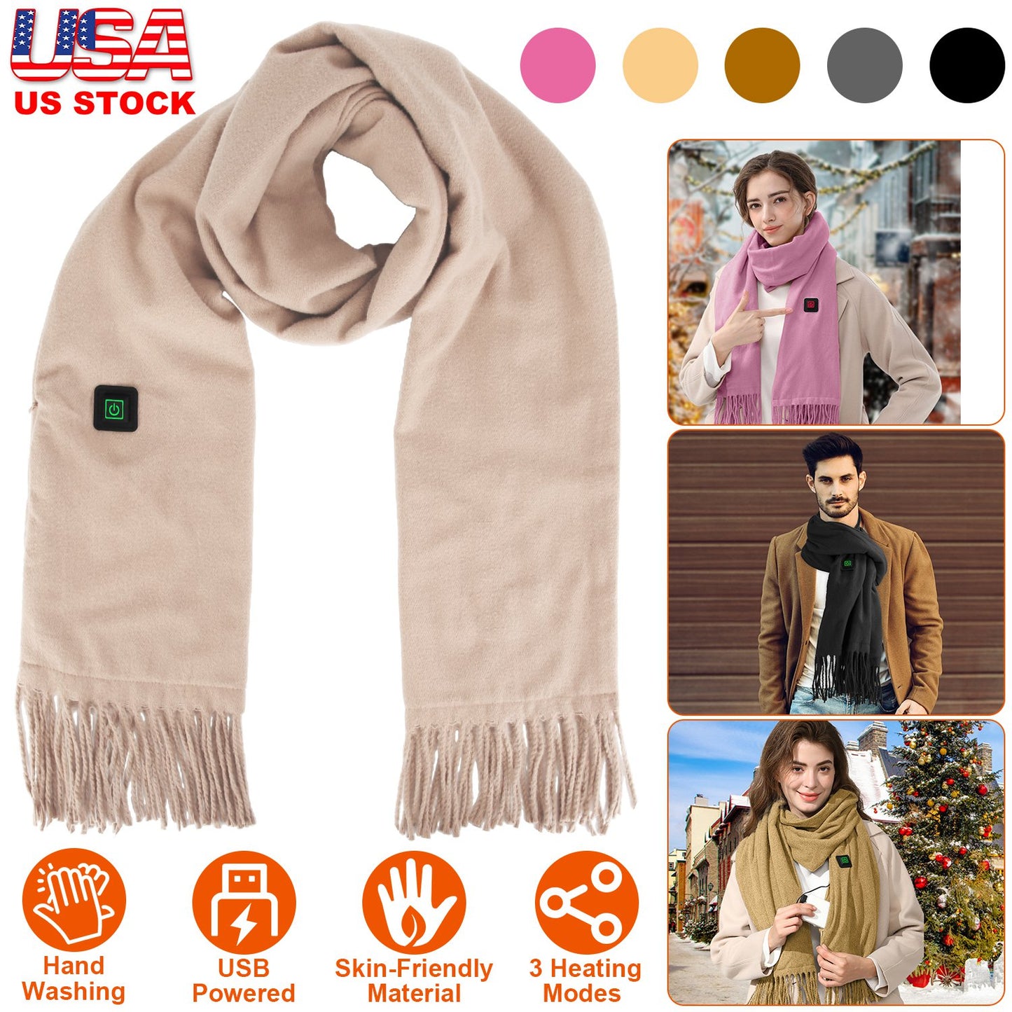 Electric Heated Winter Scarf USB Heating Neck Wrap Unisex Heated Neck Shawl Soft Warm Scarves 3 Heating Modes for Outdoor Cycling Skiing Skating