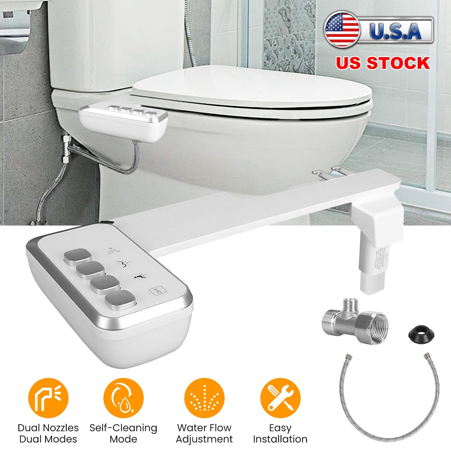 Bidet Attachment for Toilet Non-Electric Fresh Water Bidet Sprayer Toilet Seat Attachment with Dual Nozzles Water Flow Control Self-Cleaning Mode