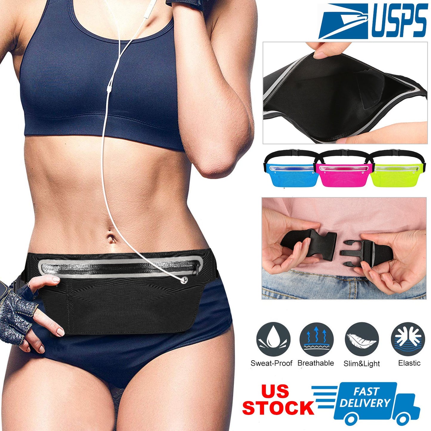 Unisex Sport Waist Pack Running Belt Bag Pouch Adjustable Bounce Free Sweat-Proof Lightweight Slim