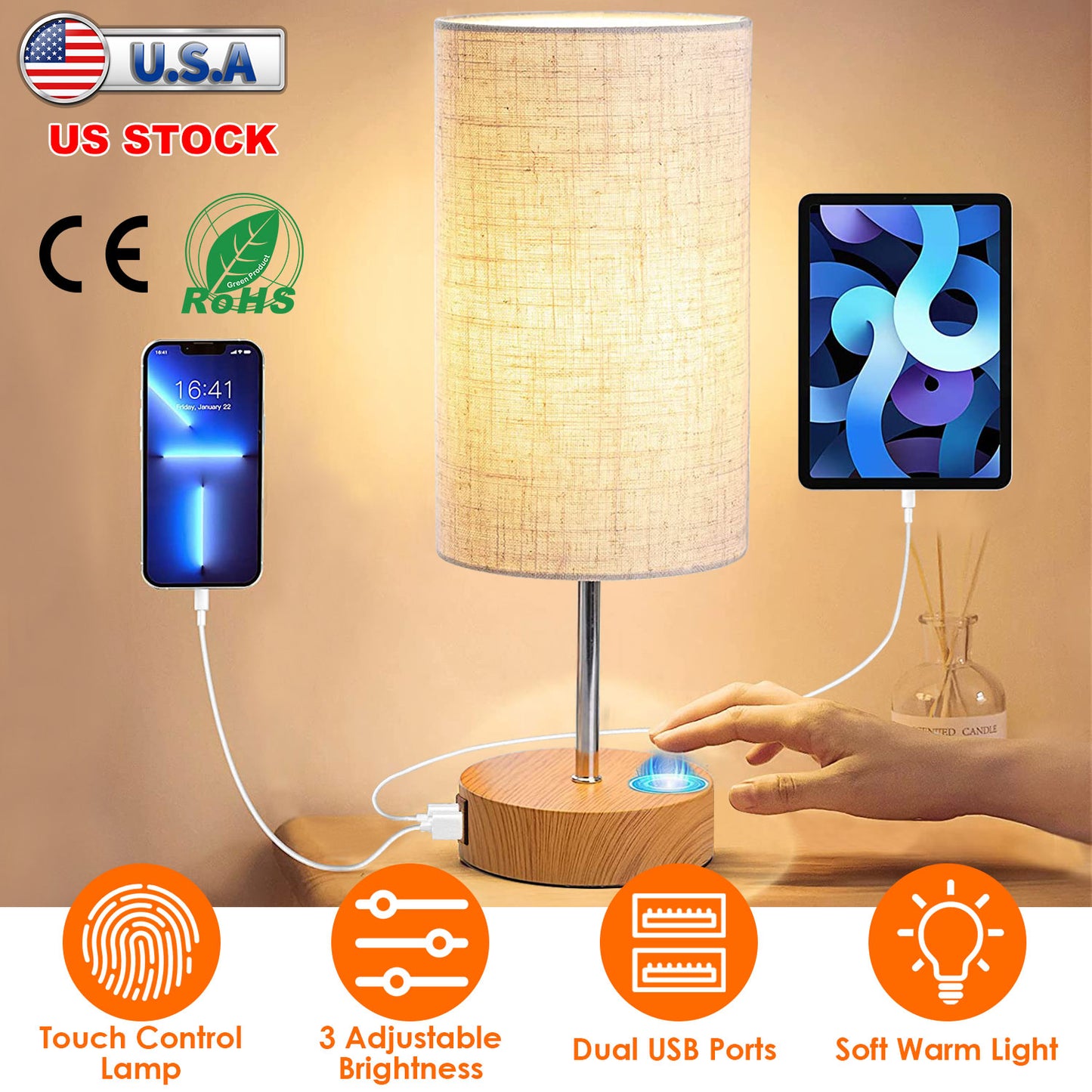 Touch Control Table Lamp 3-Way Dimmable Nightstand Beside Lamp for Bedroom Living Room Dual USB Ports LED Bulb Included