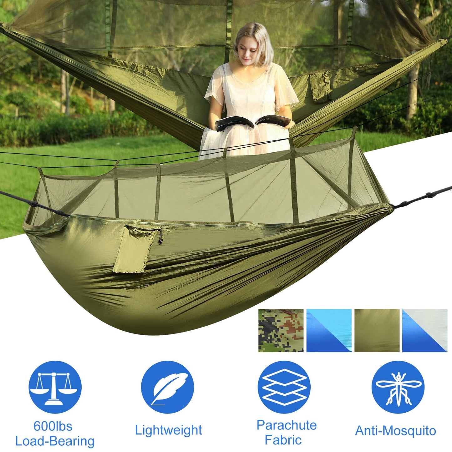 600lbs Load 2 Persons Hammock w/Mosquito Net Outdoor Hiking Camping Hommock Portable Nylon Swing Hanging Bed w/ Strap Hook Carry Bag