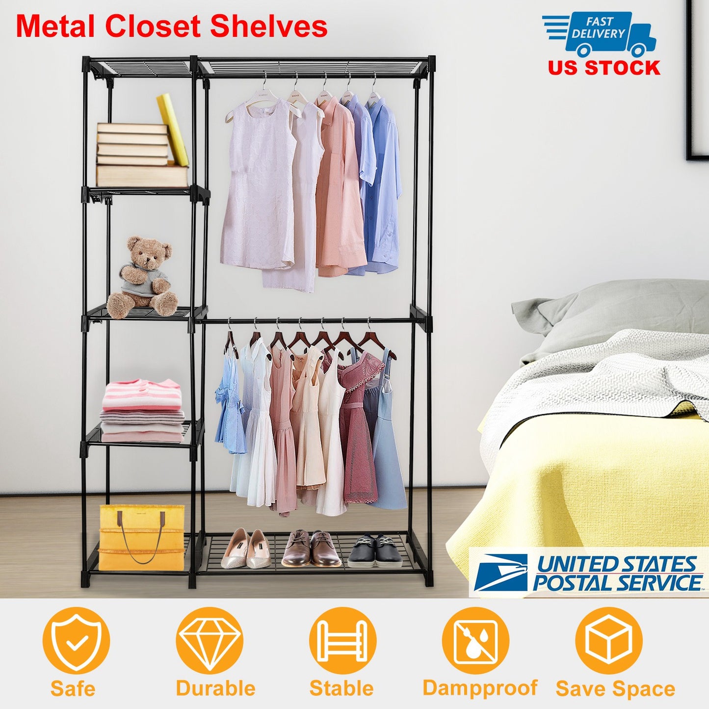 Metal Closet Deluxe Double Rod Freestanding Closet Clothes Storage Organizer Coat Storage Wardrobe Metal Shoes Storage Rack with 5-Tier Wire Shelving