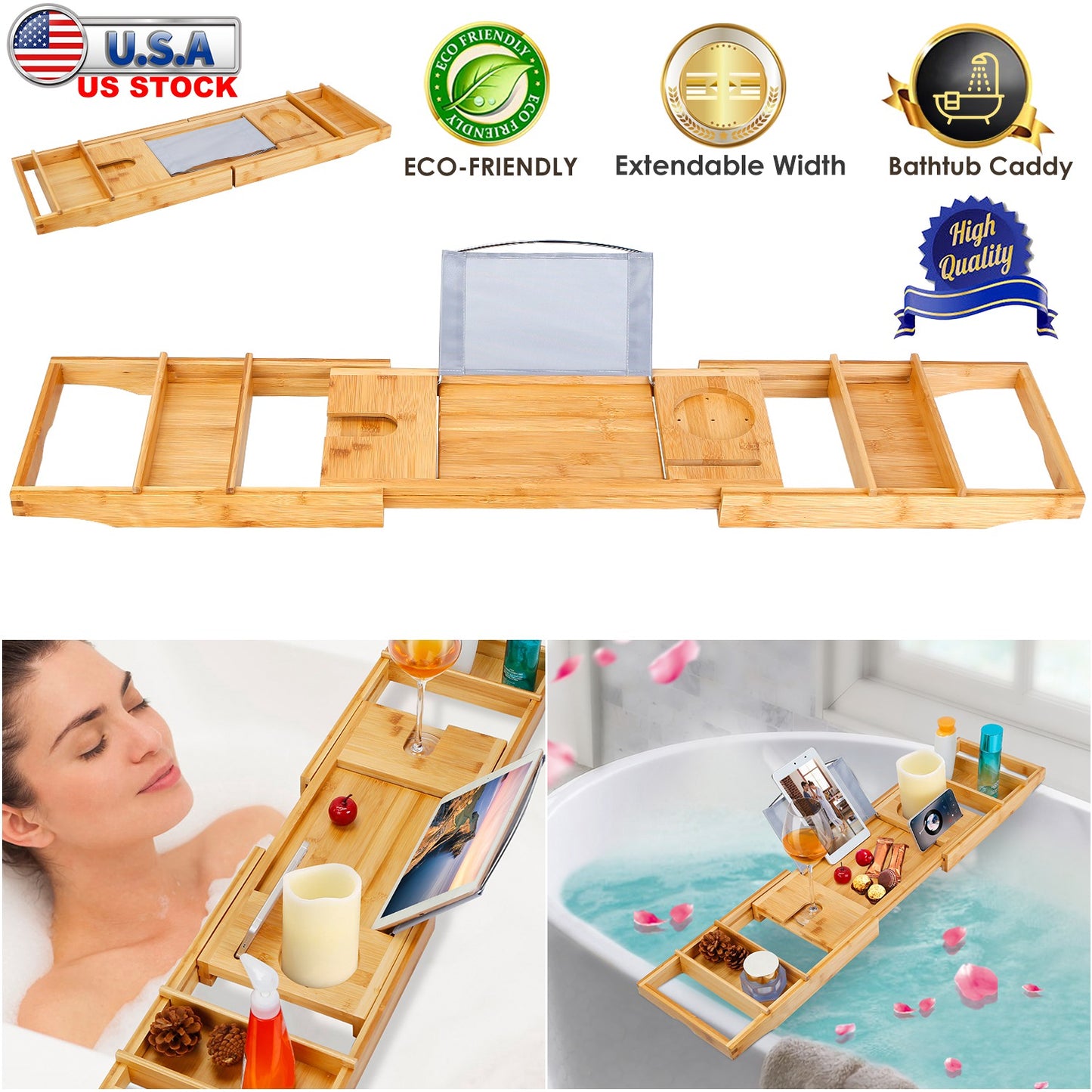 Bathtub Caddy Tray Crafted Bamboo Bath Tray Table Extendable Reading Rack Tablet Phone Holder Wine Glass Holder Shelf Desk Bathroom Spa