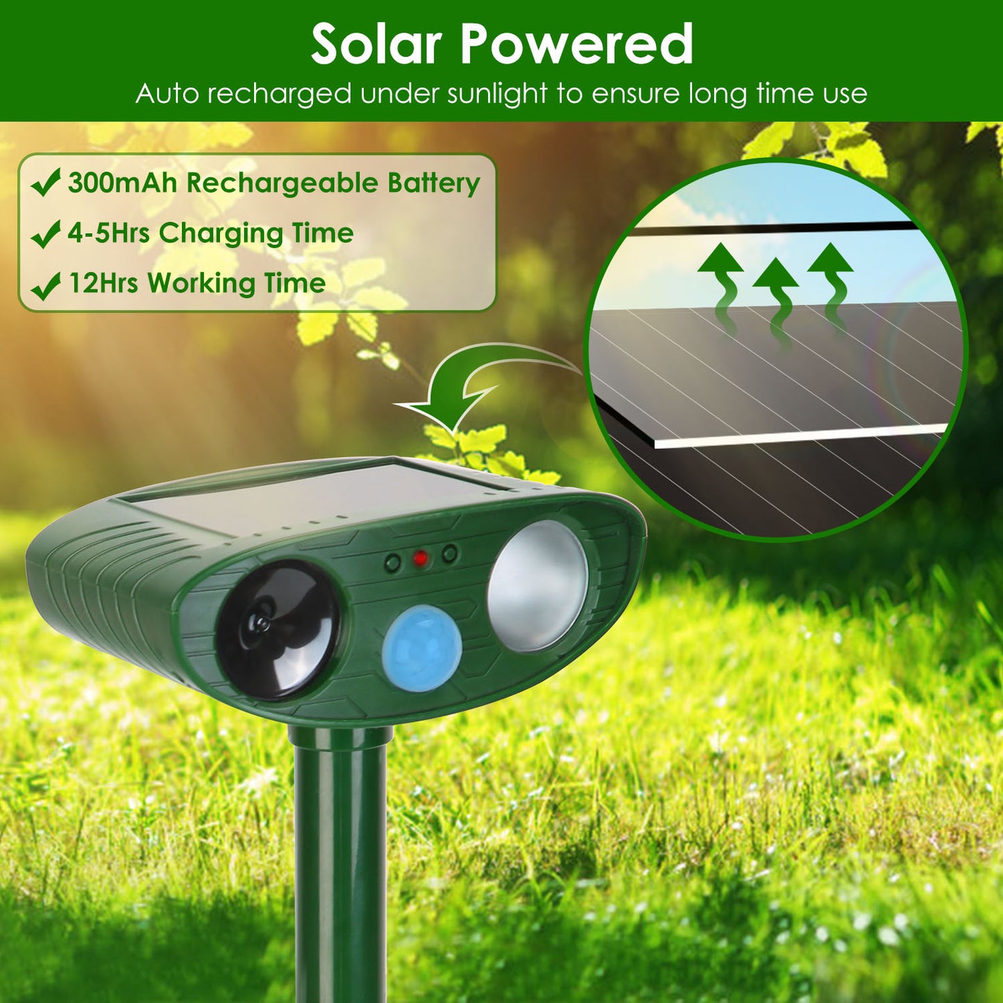 Solar Ultrasonic Animal Repeller PIR Sensor Animal Repellent Chaser with Flashing Light IPX4 Waterproof for Chasing Deer Raccoon Squirrel Rat Skunk Ra