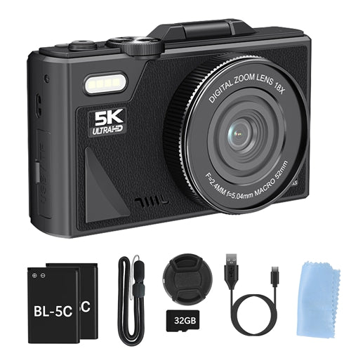 5K 75MP Camera – WiFi, 18X Zoom, Vlogging, Webcam, 32GB, 2 Batteries
