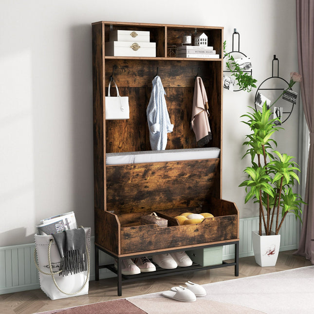 69 Inches Tall Hall Tree 4-in-1 Coat Rack with Seat Cushion and Shoe Storage