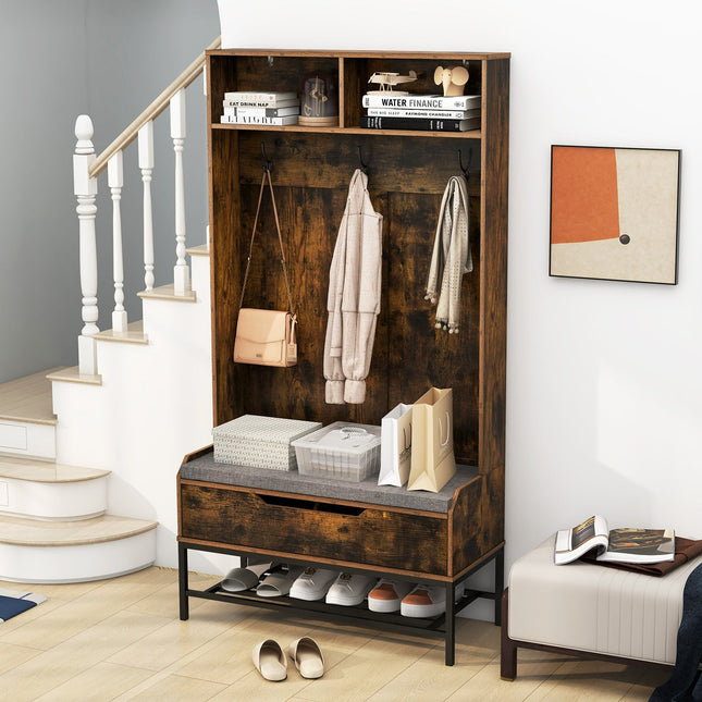 69 Inches Tall Hall Tree 4-in-1 Coat Rack with Seat Cushion and Shoe Storage