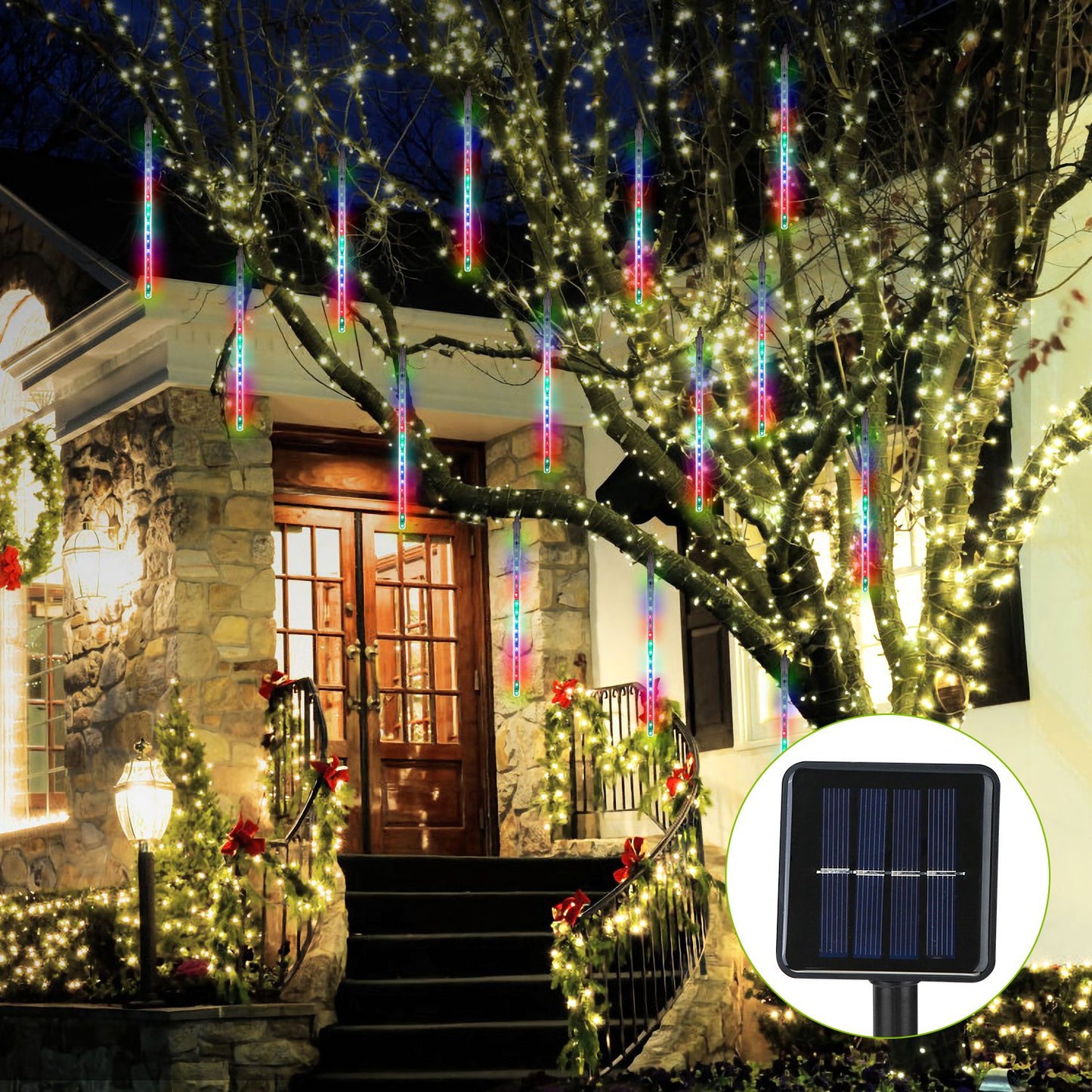 Solar Powered Meteor Shower String Lights 9.84FT Falling Raindrop Tube Lamp Water Resistant Decorative Lights For Tree Home Garden Parties