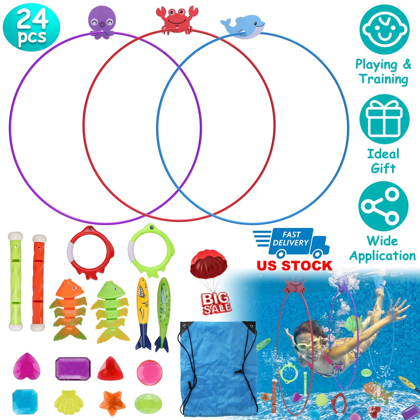 24Pcs Diving Toys Swimming Pool Toys Swim Toys for Kids Aged 3+ Years Old Swim Thru Rings Torpedoes Gems Volleyball Storage Bag