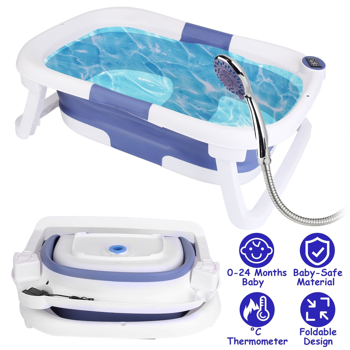 Baby Bath Tub with Thermometer Collapsible Travel-Friendly 0-24Months Baby Bathtub with Drain Hole For Newborn Infant Toddler Odorless Non-Toxic Folda