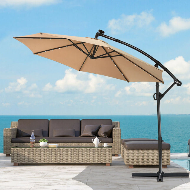 10 Feet 360° Rotation Solar Powered LED Patio Offset Umbrella without Weight Base-Gray