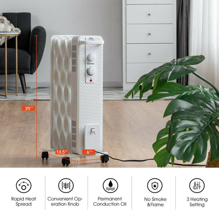1500 W Oil-Filled Heater Portable Radiator Space Heater with Adjustable Thermostat