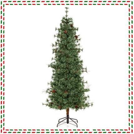 6/7/8 Feet Artificial Christmas Tree Pre-lit Hinged Xmas Tree with Warm White LED Lights and Pine Cones