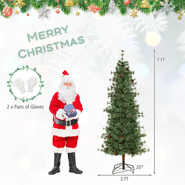 6/7/8 Feet Artificial Christmas Tree Pre-lit Hinged Xmas Tree with Warm White LED Lights and Pine Cones