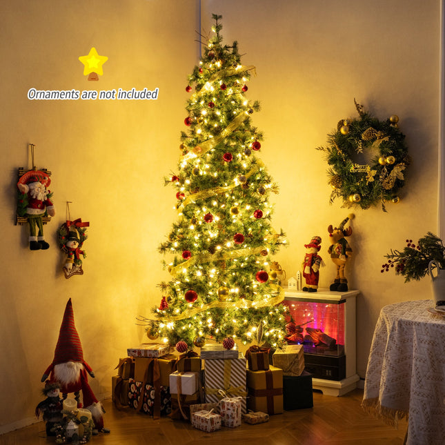 6/7/8 Feet Artificial Christmas Tree Pre-lit Hinged Xmas Tree with Warm White LED Lights and Pine Cones