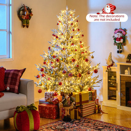 6/7/8 Feet Pre-Lit Artificial Christmas Tree Hinged Snow Flocked Xmas Tree