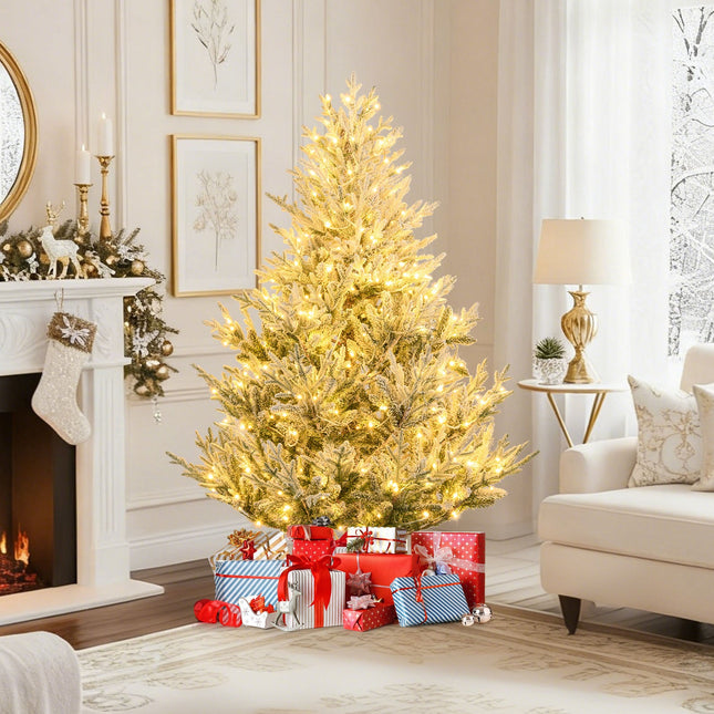 6/7/8 Feet Pre-Lit Artificial Christmas Tree Hinged Snow Flocked Xmas Tree