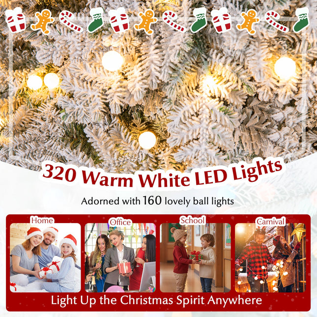 6/7 Feet Artificial Snow-flocked Christmas Tree Pre-lit Hinged Xmas Tree with 130 Twinkle Balls
