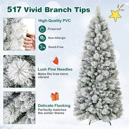 7 Feet Flocked Christmas Tree with Pine Needles and LED Lights