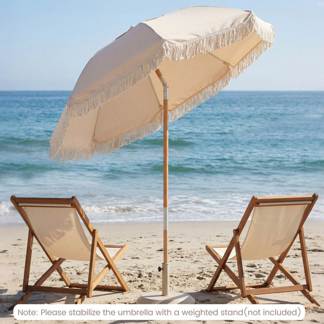 6 Feet Patio Umbrella with Fringe with Push Button Tilt and Wood Pole
