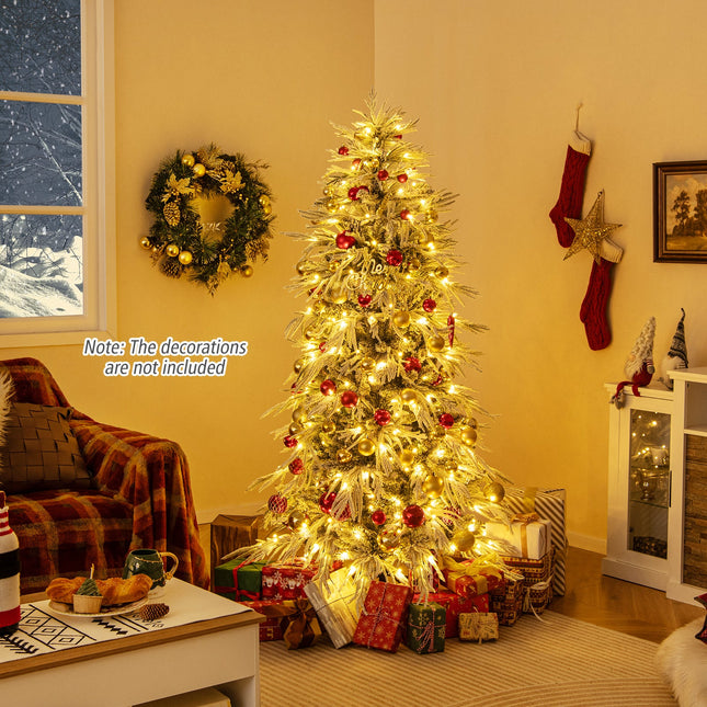 7 Feet Snow-flocked Artificial Christmas Tree Pre-lit Hinged Xmas Tree with Warm White LED Lights