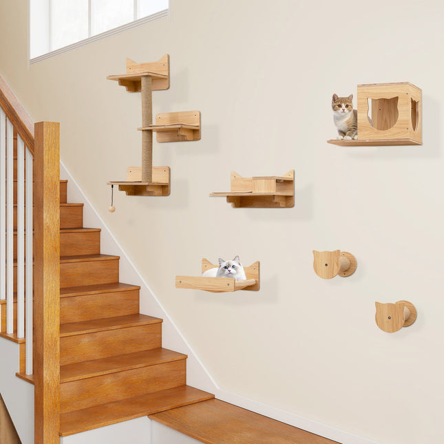 6 Pieces Cat Wall Furniture Set Kitten Wall Mounted Shelves-Natural